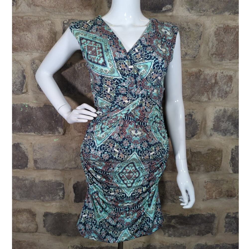 Kut From The Kloth Dress Woman's 4 Dorsey Ruched Knit V-Neck Green Bodycon Knee